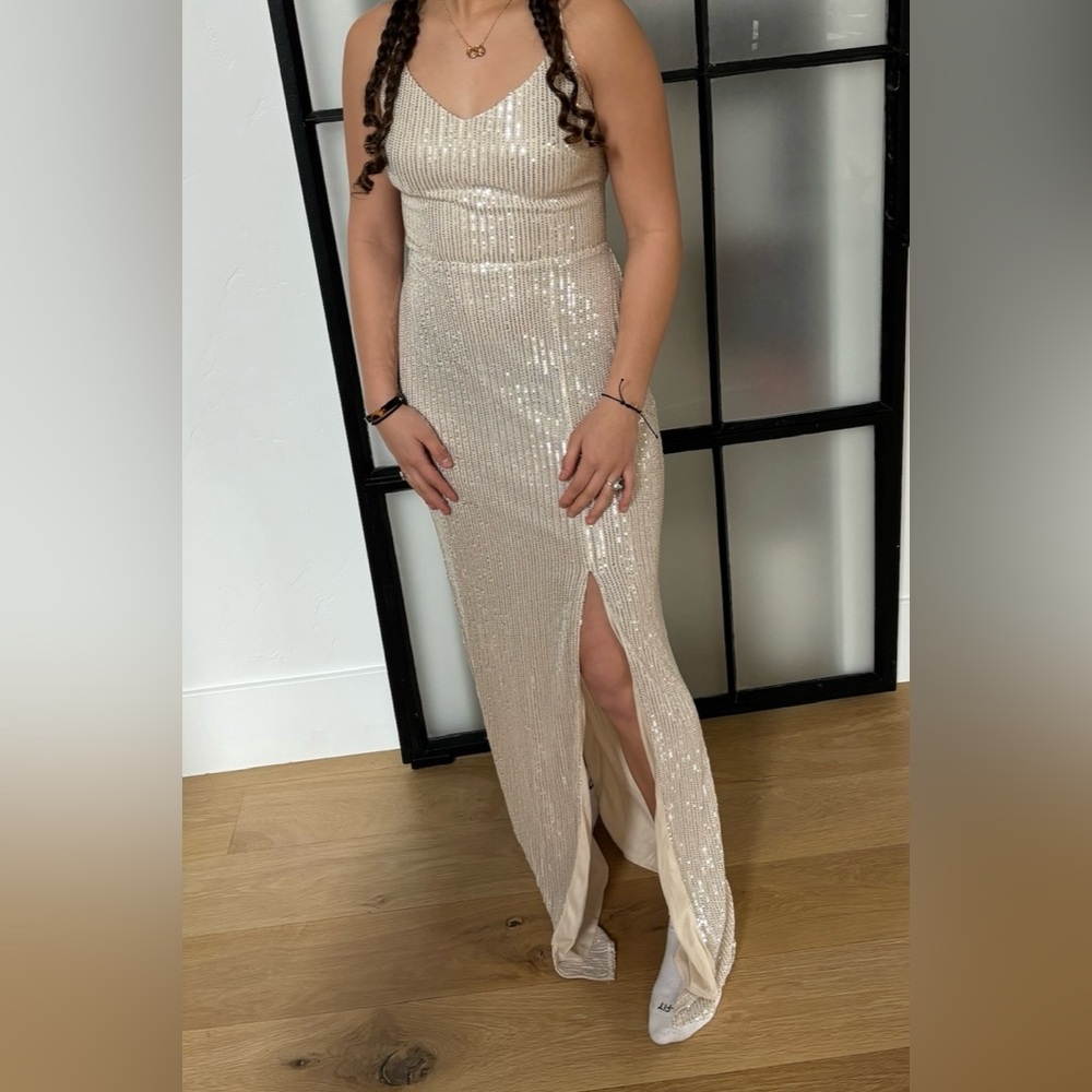 Nude-champagne-sequin-formal dress